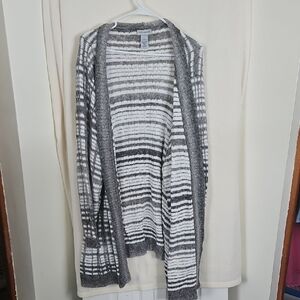 Women's Gray and White Striped cardigan Sweater